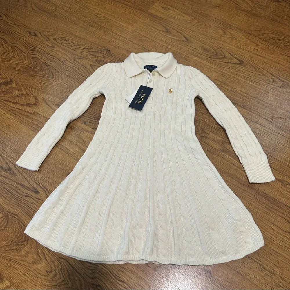 Polo Ralph Lauren Cream Cable Knit Kids Dress size 5 NWT long sleeve collar